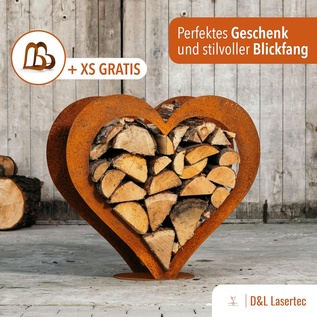 D&amp;L Lasertec Herz aus Metall, Holz Regal, Rost, Edelrost, Holzregal Garten, Terrasse - Deko L+XS