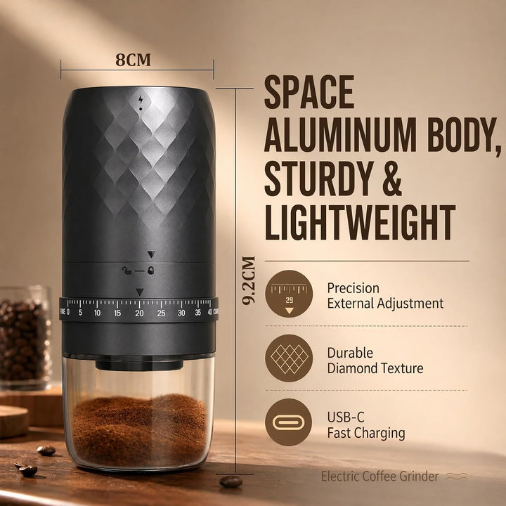 Elektrische Kaffeemühle, Tragbare Kaffeemühle mit 40 Einstellbarem Mahlgrad, Wiederaufladbare USB-C