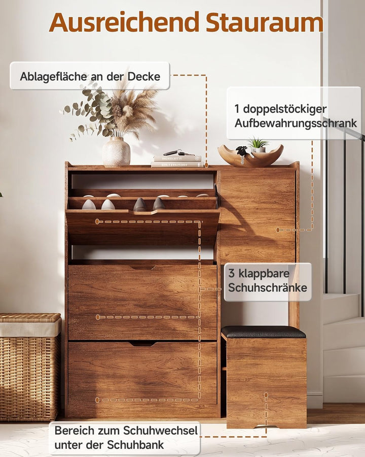 HAUSPROFI Schuhschrank schmal mit Sitzbank, platzsparender Schuhkipper Braun, Braun