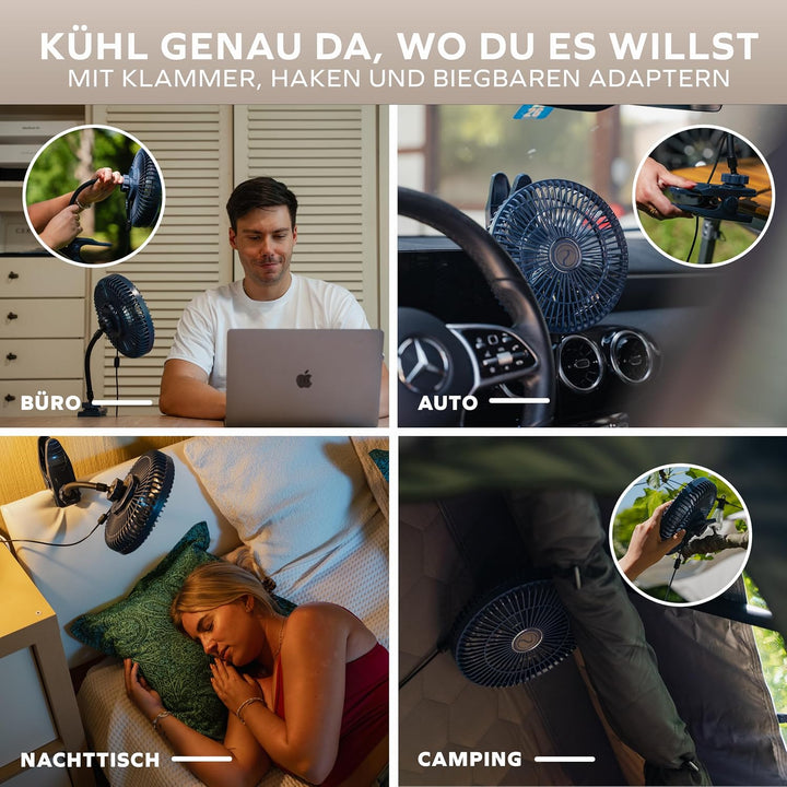 NATURBUMMLER Camping Ventilator AirCool+ leise, USB-C, mit Klemme &amp; Haken Dunkelblau, Dunkelblau