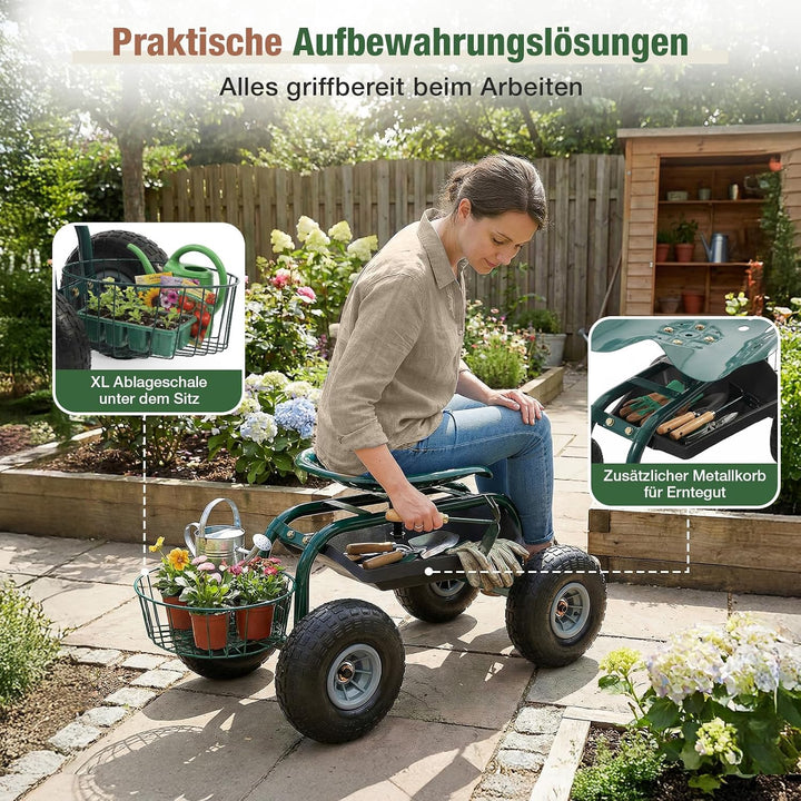 Sekey Gartensitz mit Rollen bis 180kg - Rollsitz für Gartenarbeit im Gewächshaus &amp; Beet - Ø 25,5cm L