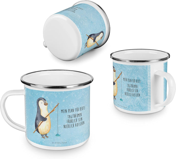Mr. &amp; Mrs. Panda Camping Emaille Tasse Pinguin Angler - Geschenk, Angelurlaub, Hobby, Camping Tassen