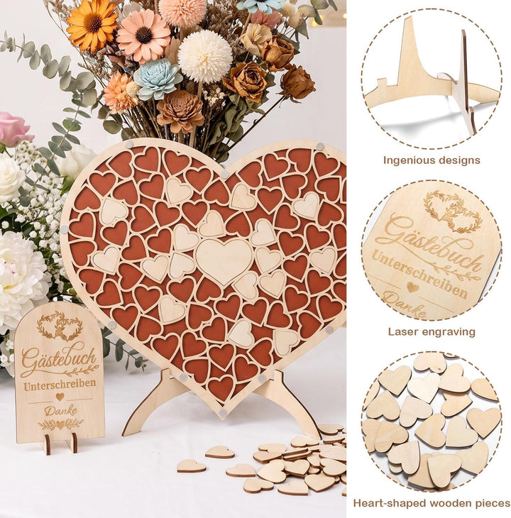 Gästebuch Hochzeit Holz in Herzform, Alternatives Hochzeitsgästebuch mit 83 Holzherzen und Aufstelle