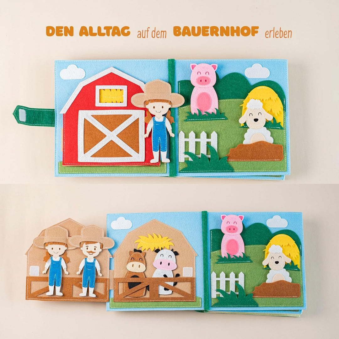 Quiet Book Bauernhof (2 Figuren) – Handgefertigtes Filz-Aktivitätsbuch mit Tier-Fingerpuppen &amp; Trakt