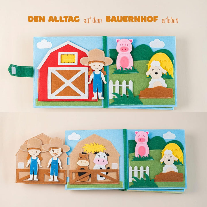 Quiet Book Bauernhof (2 Figuren) – Handgefertigtes Filz-Aktivitätsbuch mit Tier-Fingerpuppen &amp; Trakt