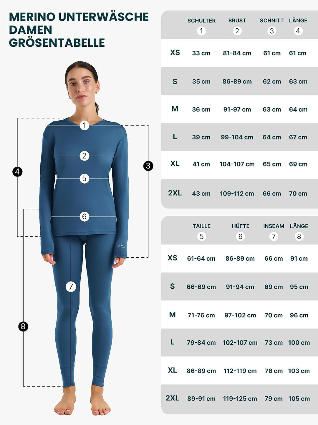 100% Merino Unterwäsche Damen Set - Leicht, Mittelgewicht, Funktionsunterwäsche Merinowolle, Langarm