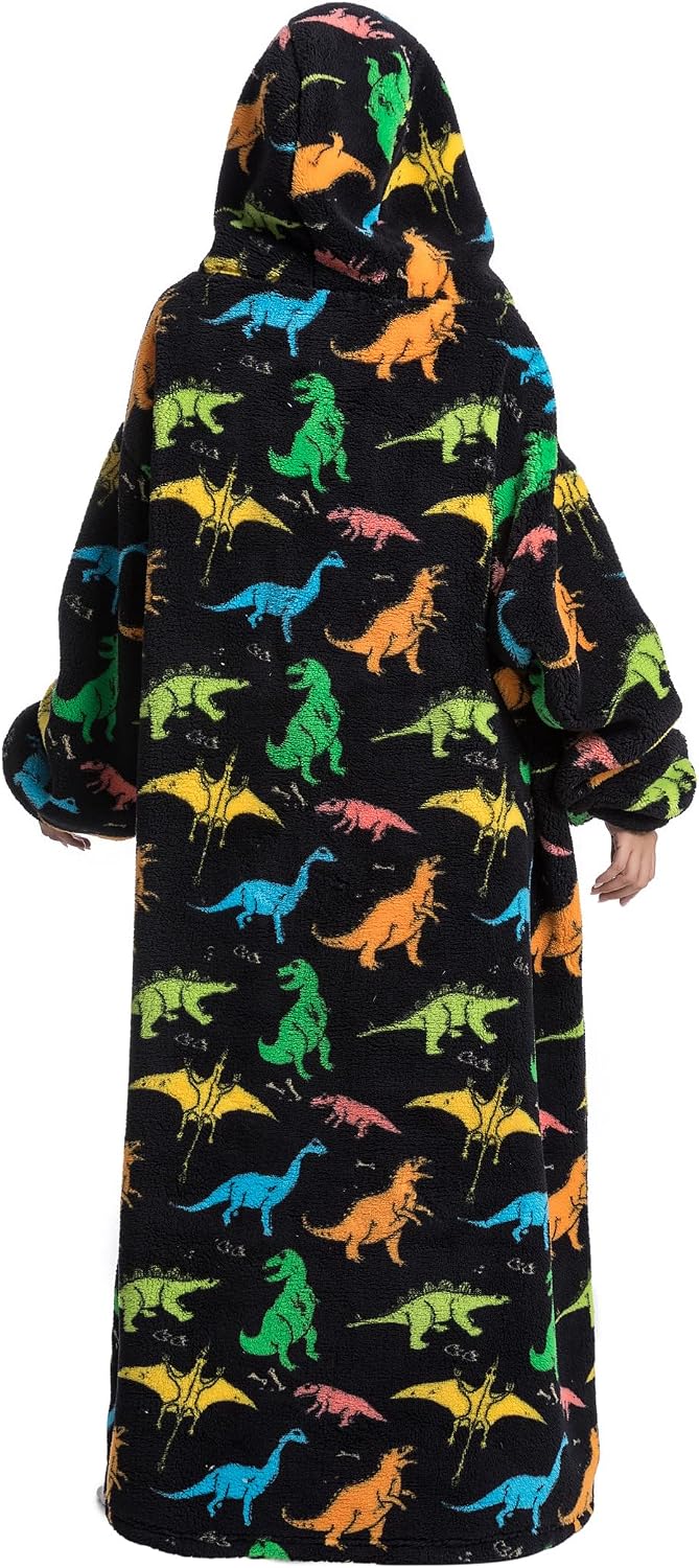 Hoodie Decke Extra Lang mit Kapuze und Tasche für Damen Herren Dinosaurier, Dinosaurier