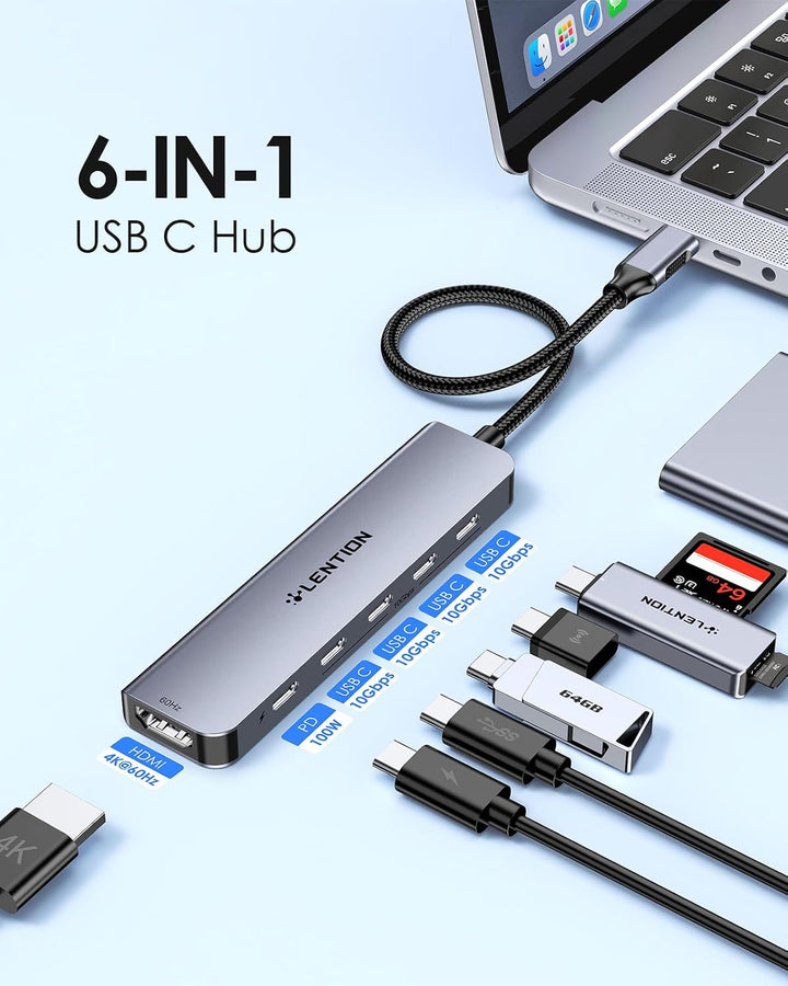 LENTION 4 Port USB C Hub 10 Gbps USB-C 3.2, 4K@60Hz HDMI, 100W PD Aufladung 4x USB-C in 10Gbps Grau,
