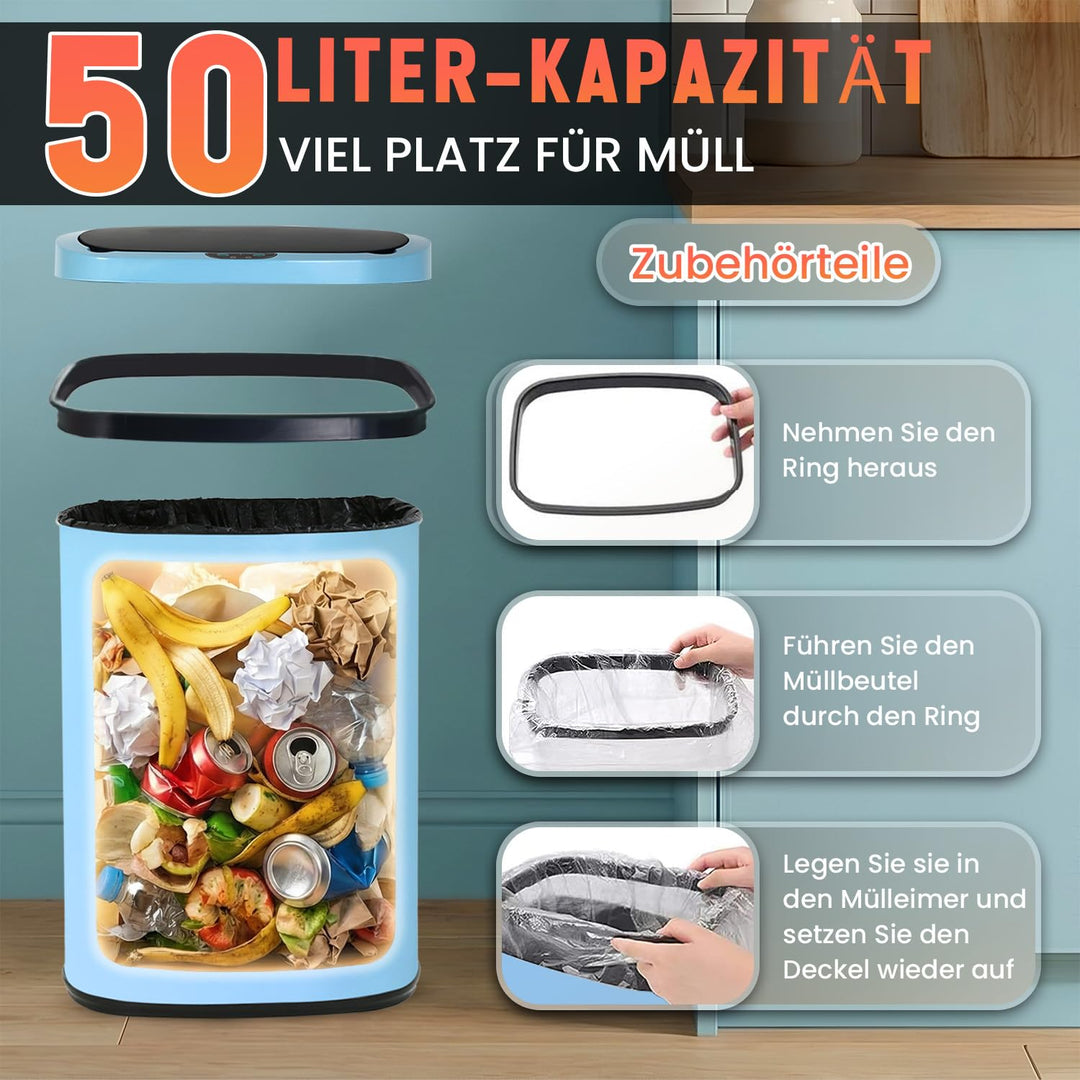 FDW Mülleimer mit Sensor &amp; Deckel, Edelstahl, 50 L Küchenmülleimer, Smart, Automatisch, Berührungslo