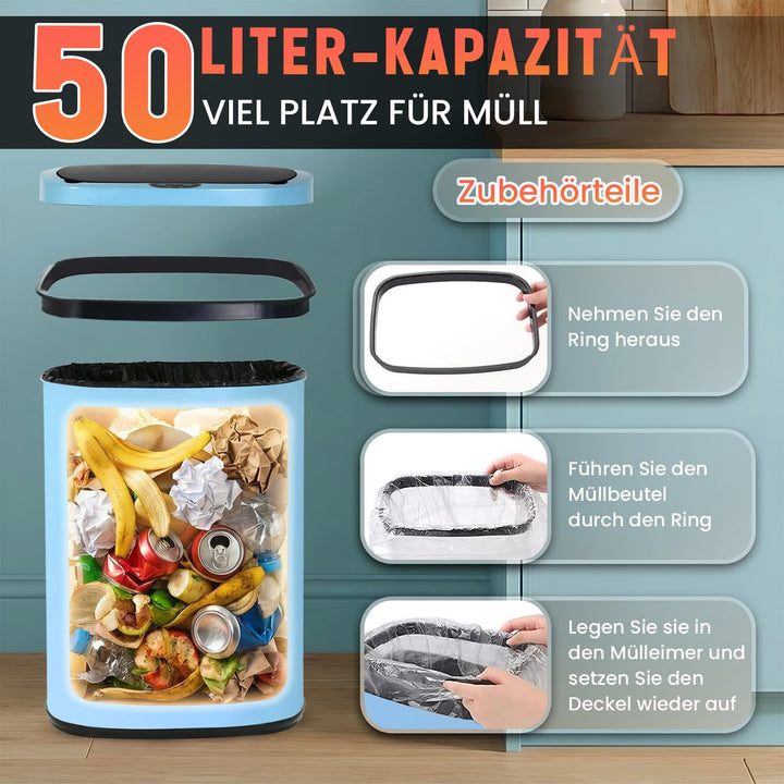 FDW Mülleimer mit Sensor &amp; Deckel, Edelstahl, 50 L Küchenmülleimer, Smart, Automatisch, Berührungslo