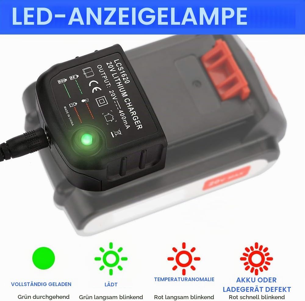 18V/20V Ladegerät Kompatibel mit Black &amp; Decker, XPJBKC Lithium-Akku Ladegerät für Black und Decker
