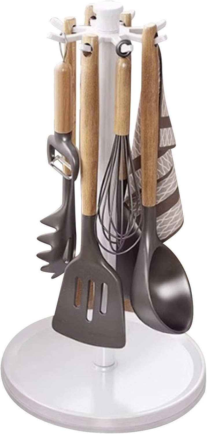 Rotating Utensil Holder, 8 Hook Organizer, 360 Degree Counter Rack with Compact Build, Kitchen Tool