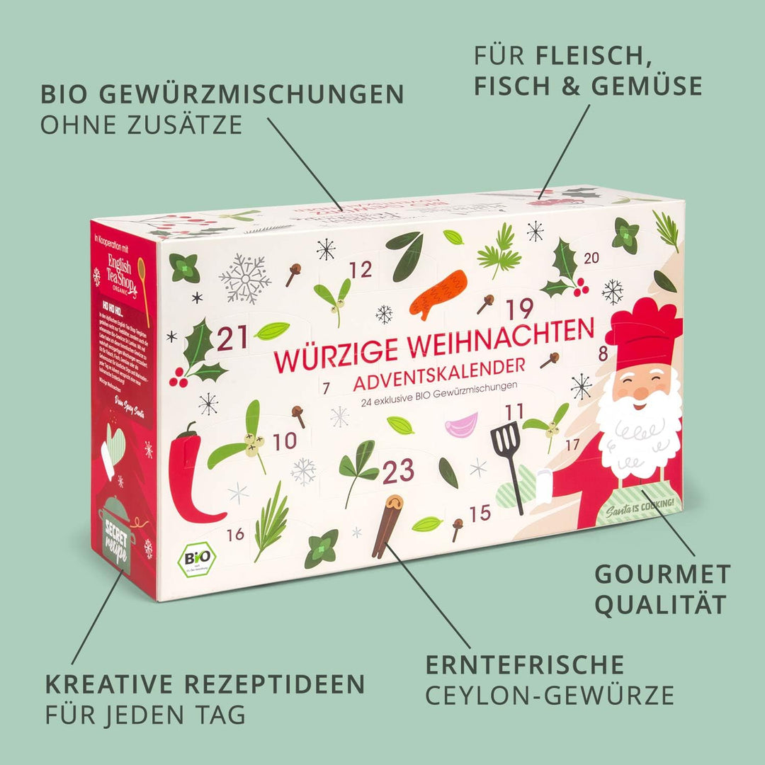 BIO Gewürz Adventskalender Würzige Weihnachten | 24 Feinschmecker Gewürzmischungen mit Rezepten | Bi