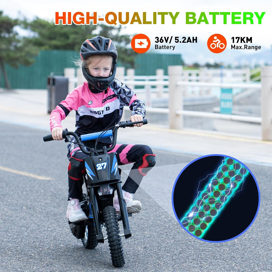 RCB TECH R9X Elektro Motorrad Kinder, Elektromotorrad mit 3 Geschwindigkeitsmodus, Max 25km/h, 36V/5