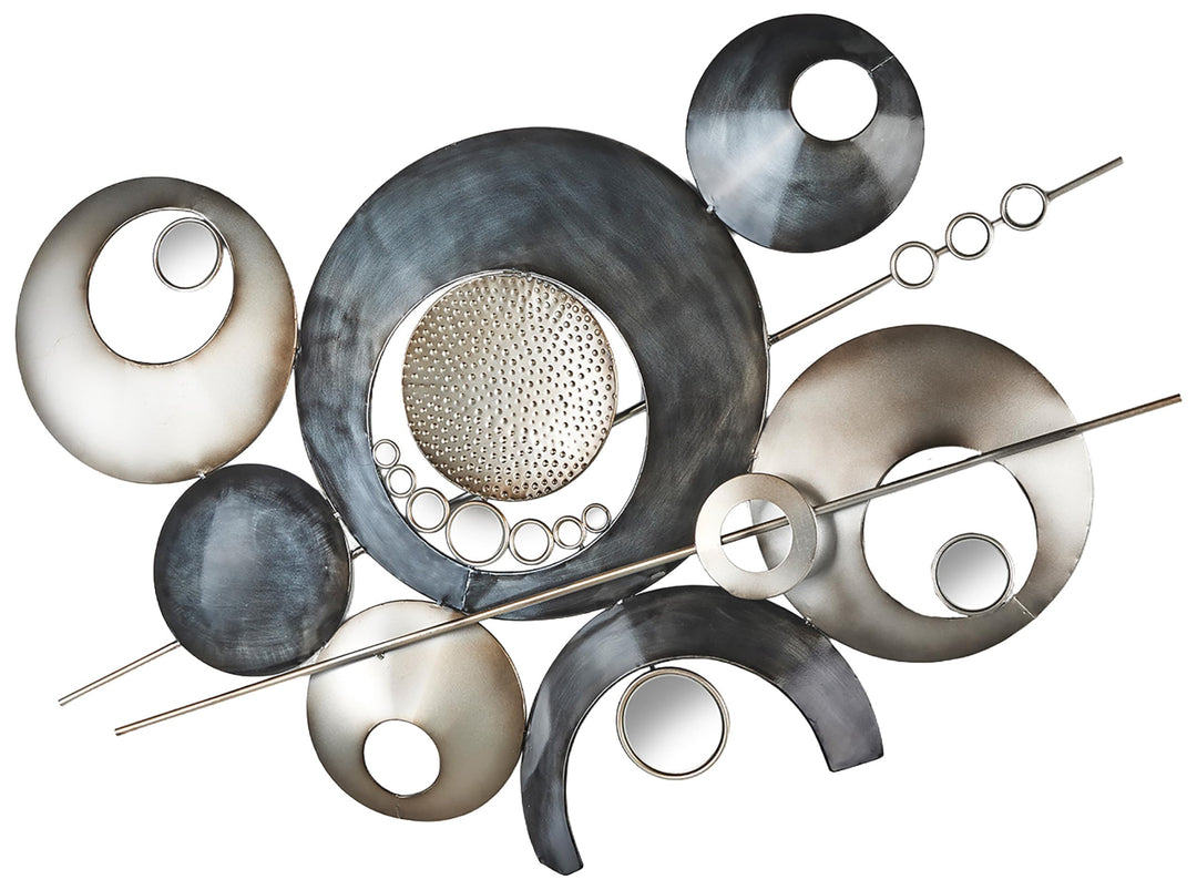Kobolo Wandbild mit Kreisen und Spiegeln - Metall in den Farben grau und silber 114x66 cm, 114x66 cm