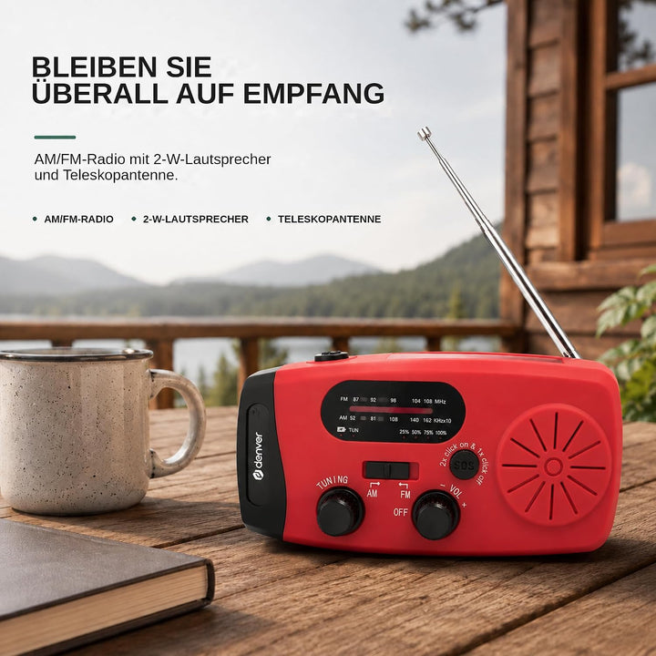 Denver Kurbelradio mit Solar und Powerbank, Notfallradio, kleines Radio