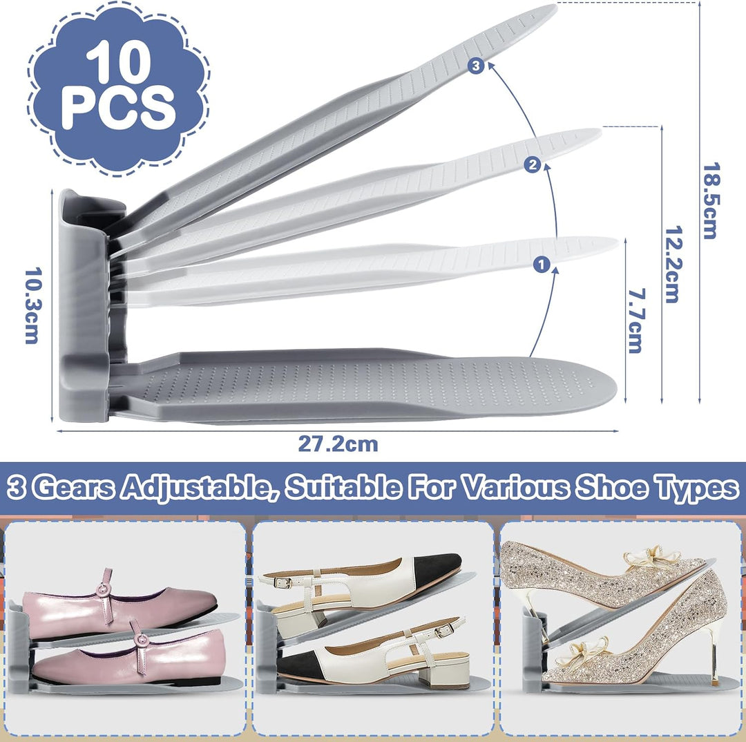 10 Stück Einstellbare Schuhregale, Schuhhalter Set,3 Höhenverstellbar Abnehmbar, Platzsparend, rutsc