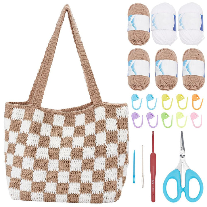 ORIGACH Schachbrettmuster Häkel Tasche Set Für Anfänger,Granny Square Häkeltasche Häkelset, Häkelset