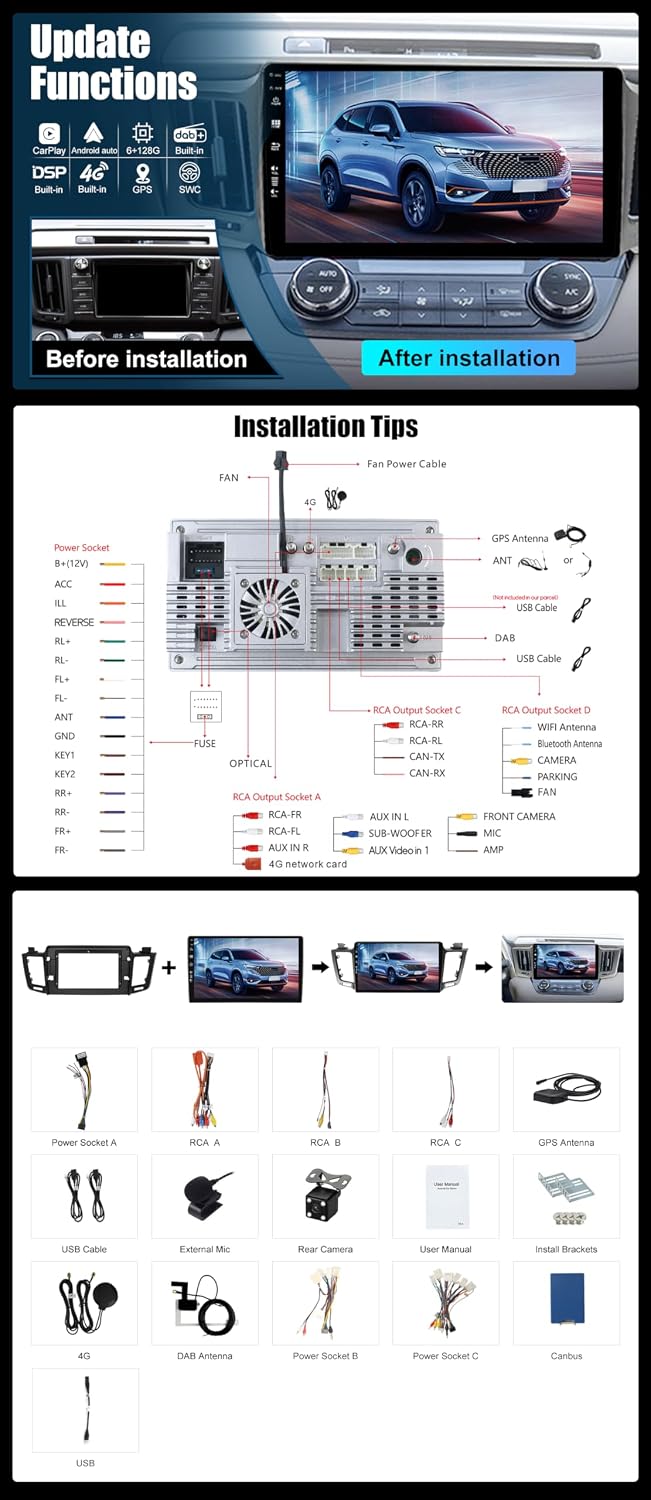 Eingebaut 4G LTE &amp; DAB | Android 16 Autoradio für Toyota RAV4 (2013-2018) | 6G+128G | Carplay &amp; Andr
