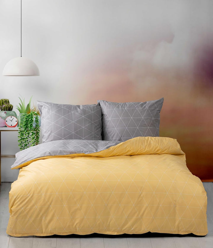 Visaggio Renforce Bettwäsche 155x220 cm 4tlg Baumwolle Raute Gelb Grau Wendebettwäsche Garnitur Set,