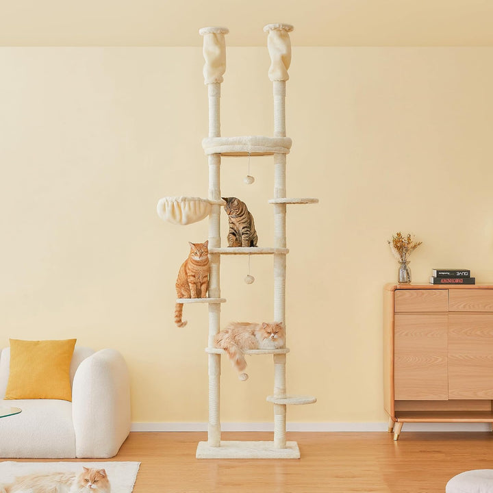 Deckenhoher Katzenbaum 234-259 cm höhenverstellbar, 2-Säulen-Design mit 12 Sisal-Pfosten, mehrstöcki