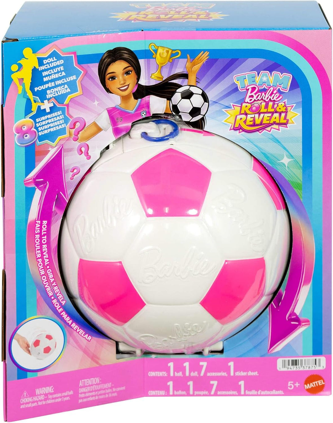 Barbie Team Roll &amp; Reveal Fussballspielerin-Puppe und Zubehörteile mit brünetter Modepuppe, 8 Überra