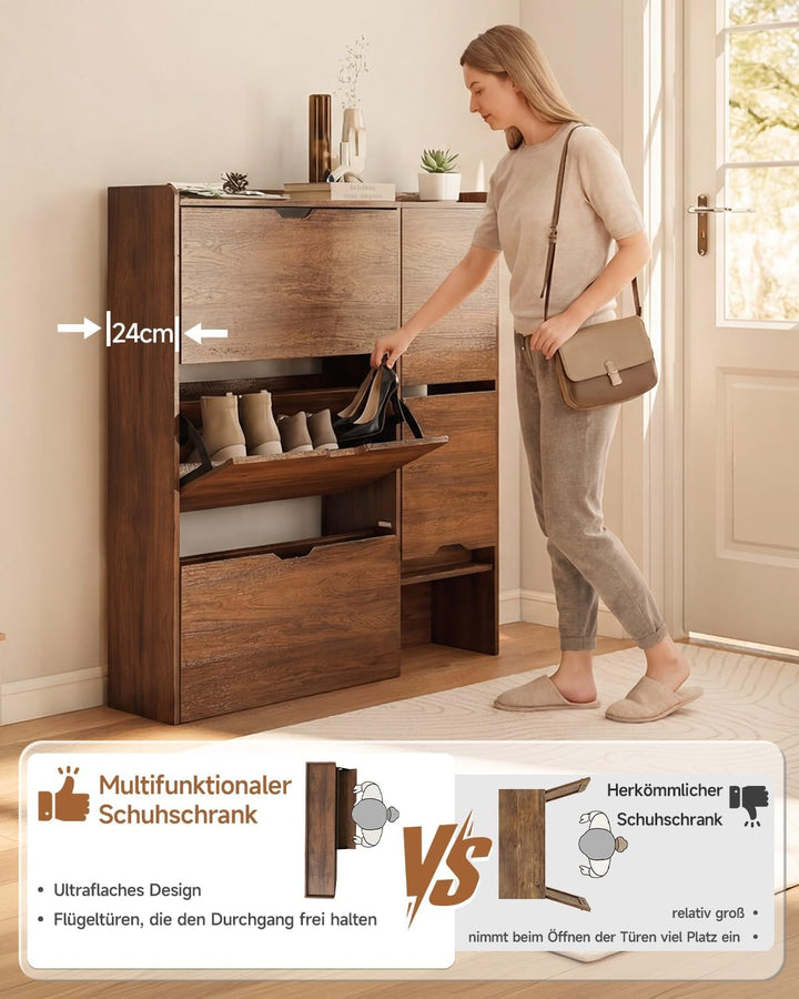HAUSPROFI Schuhschrank schmal mit Sitzbank, platzsparender Schuhkipper Braun, Braun