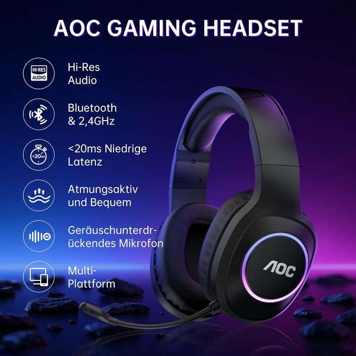 AOC Gaming Headset kabellos für PC, PS5, PS4, Switch, 2,4 GHz Wireless Headset mit Bluetooth 5.4 &amp; K