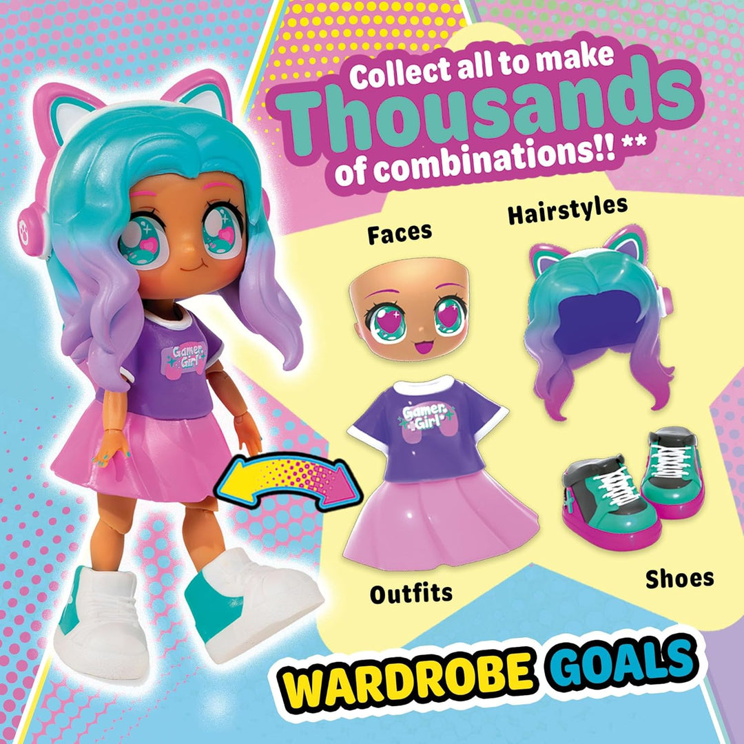 BANDAI - Animakii Cyberpunk und Gamerin - Set Personalisierbare Puppen - 1 Puppe, 4 Gesichter, 2 Fri