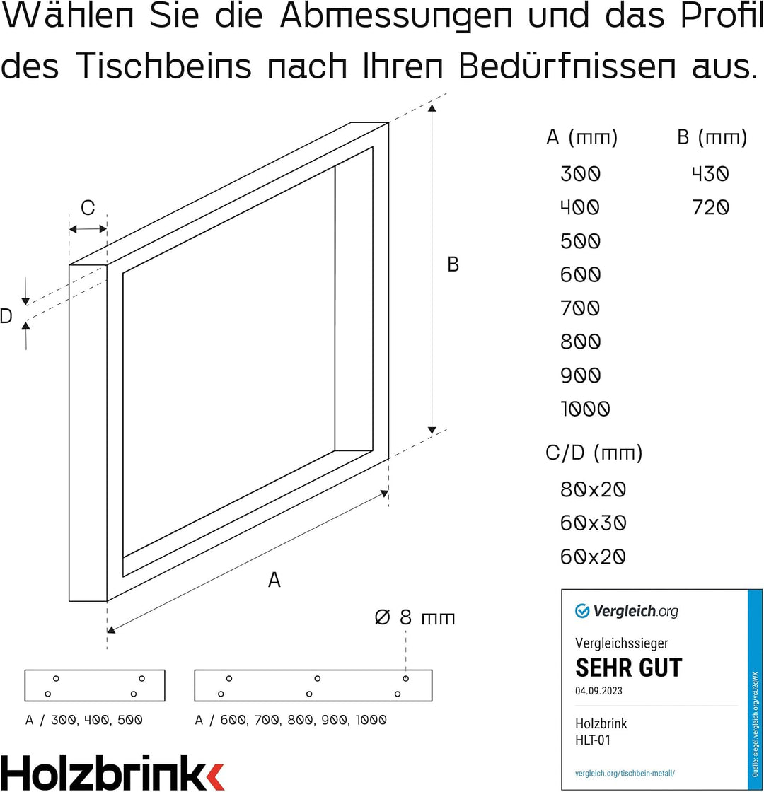 HOLZBRINK Tischbeine für Schreibtisch Esstisch, Möbelfüsse aus Vierkantprofil 60x20 mm, Tischgestell
