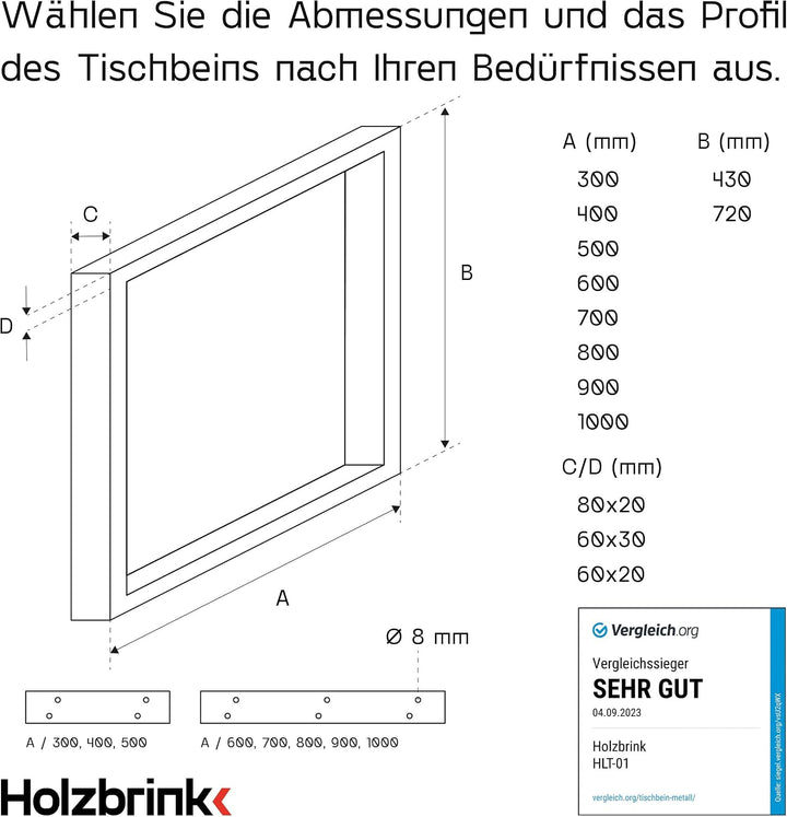 HOLZBRINK Tischbeine für Schreibtisch Esstisch, Möbelfüsse aus Vierkantprofil 60x20 mm, Tischgestell