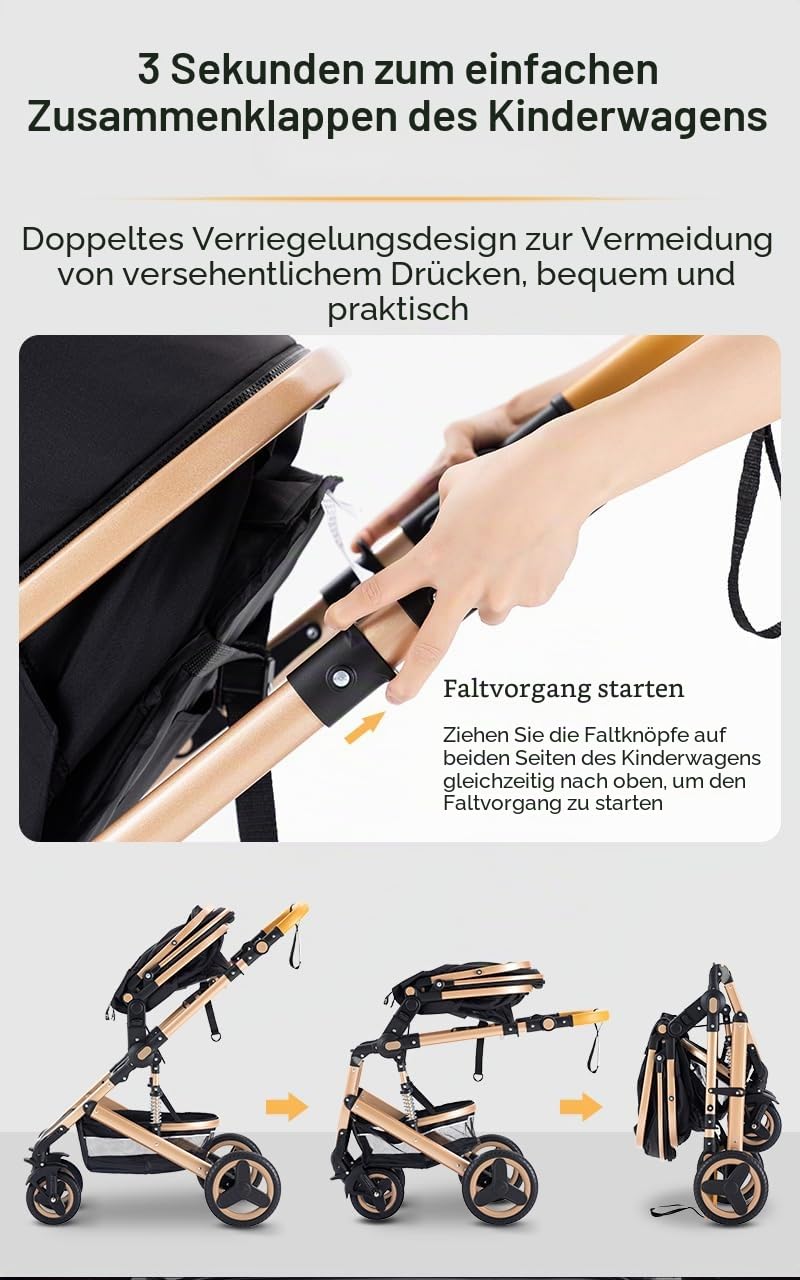 YAZOCO kinderwagen 3 in 1 Buggy Babybett Komplett Set Einem Klick Zusammenklappbarer Kinderwagen, Ko