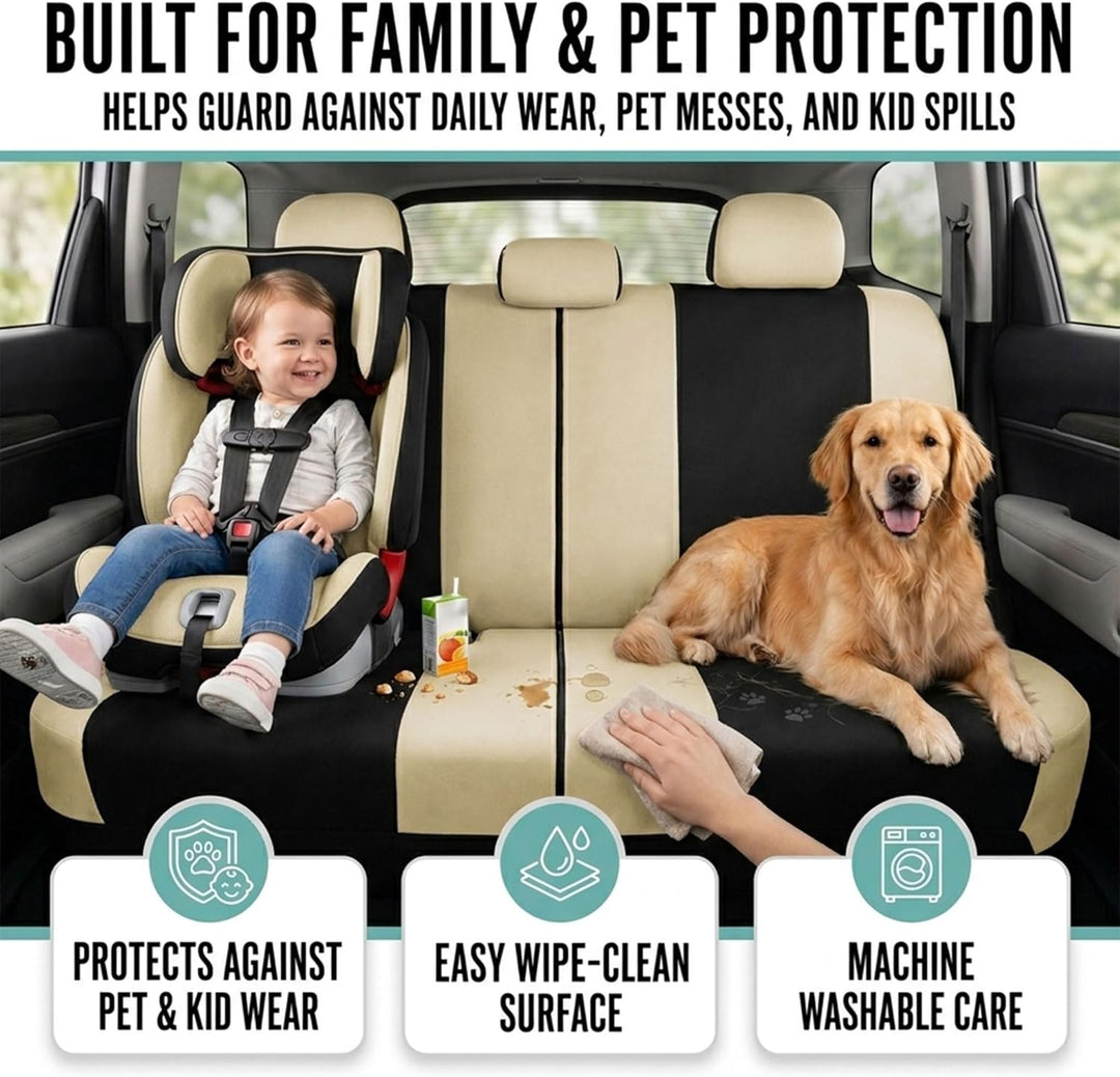 FH Group Automotive Sitzbezüge Beige Schwarz Universal Fit Sitzbezug Combo Set mit Lenkradbezug und