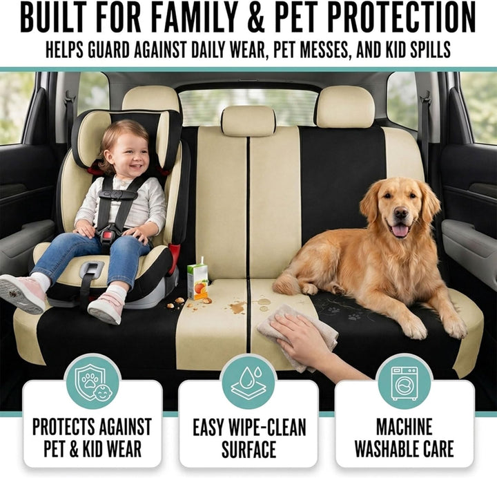 FH Group Automotive Sitzbezüge Beige Schwarz Universal Fit Sitzbezug Combo Set mit Lenkradbezug und