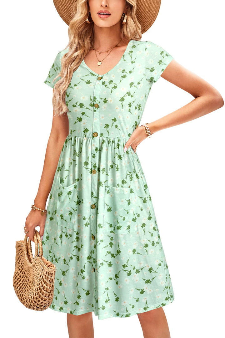 OUGES Sommerkleid Damen Casual Kleid V-Ausschnitt Midi Kleider Knopfleiste Freizeitkleid mit Taschen