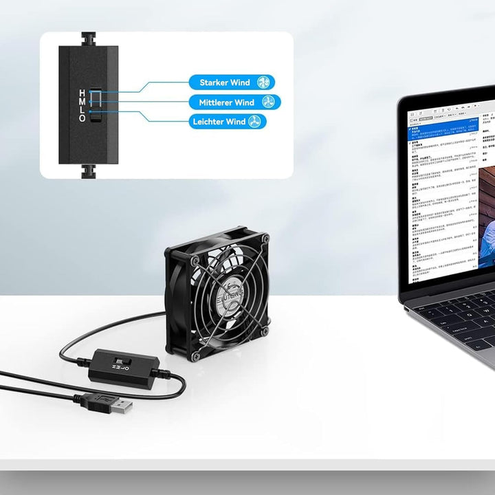 ELUTENG USB Lüfter 80mm 5V mit L/M/H 3 Einstellbare Geschwindigkeiten, Mini Ventilator USB PC Lüfter