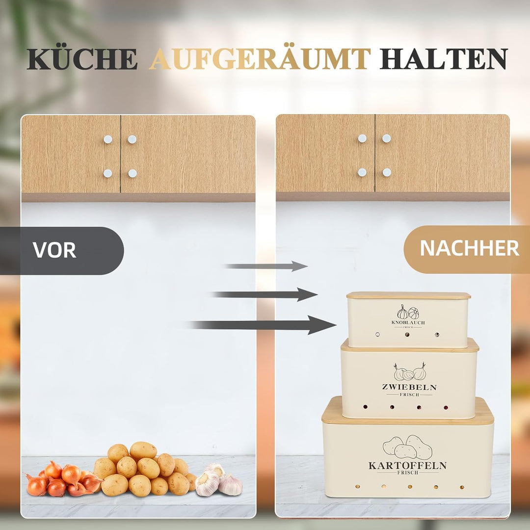 Kartoffel Aufbewahrungsbox 3er Set, Kartoffel Aufbewahrung Vintage Mit Bambusdeckel, Aufbewahrung Ka