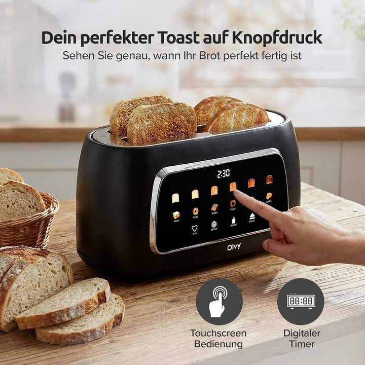 Olvy T-40T Toaster mit langen Schlitzen – 1500 W, LCD-Touch-Display mit Timer, 6 Bräunungsstufen, Au