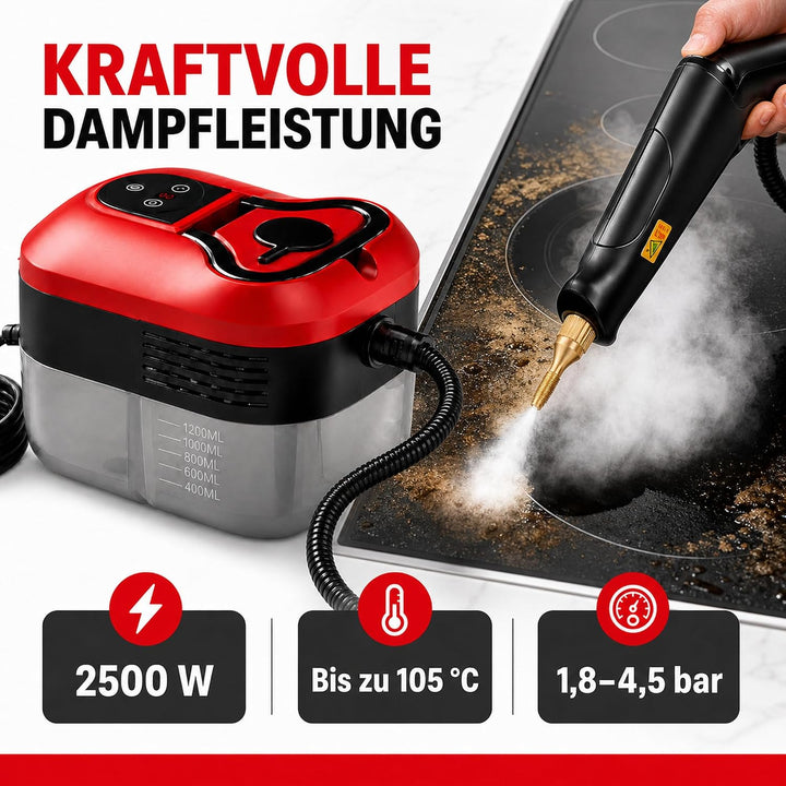 2500W Handdampfreiniger mit Schnellaufheizung in 15 Sekunden und 6 Dampfstufen – tragbarer Hochdruck