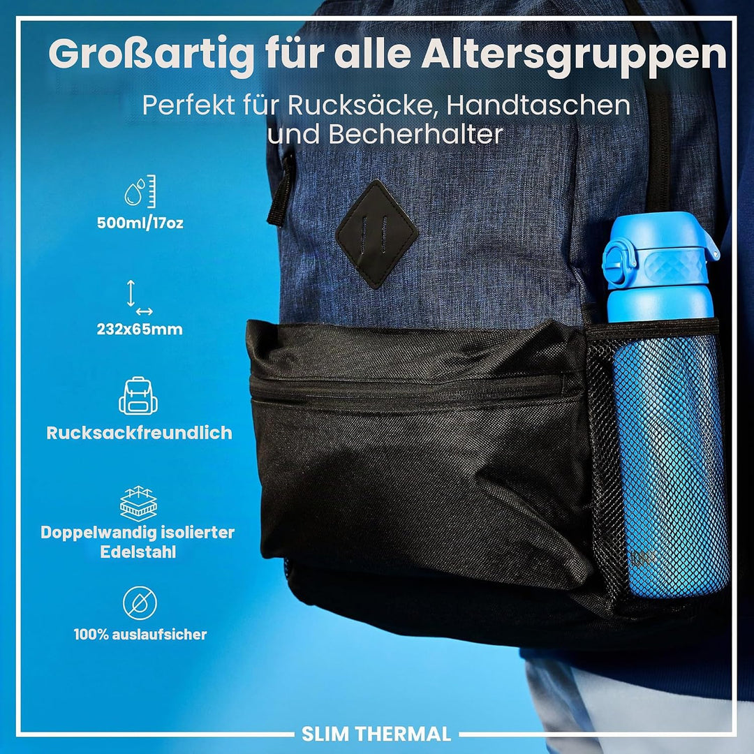 ION8 Vakuumisolierte Edelstahl-Trinkflasche, 500 ml, Auslaufsicher, Einhandöffnung, Sichere Verriege