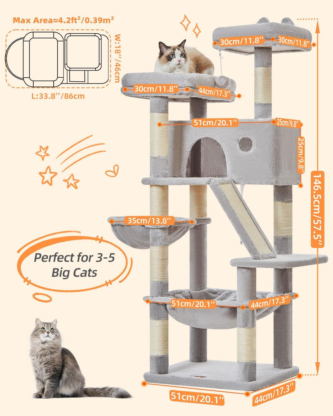 Taoqimiao 146CM Kratzbaum Gross, Katzenbaum Katzen Kratzbaum Grosse Katzen Stabil mit 2 Katzenhaus,