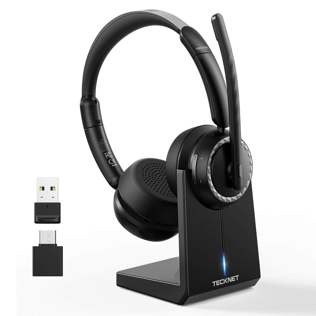 TECKNET V5.3 Bluetooth Headset mit Mikrofon, Wireless Headset mit AI Noise Cancelling Mikrofon, Lade