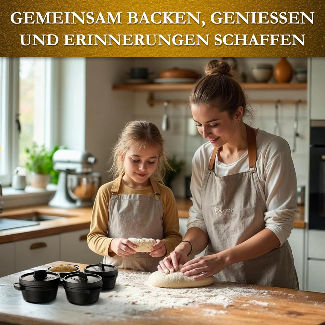 Mini Gusseisen Brotbackform Set–4x 300 ml Brotbacktopf mit Deckel–eingebrannte Mini Dutch Oven zum B