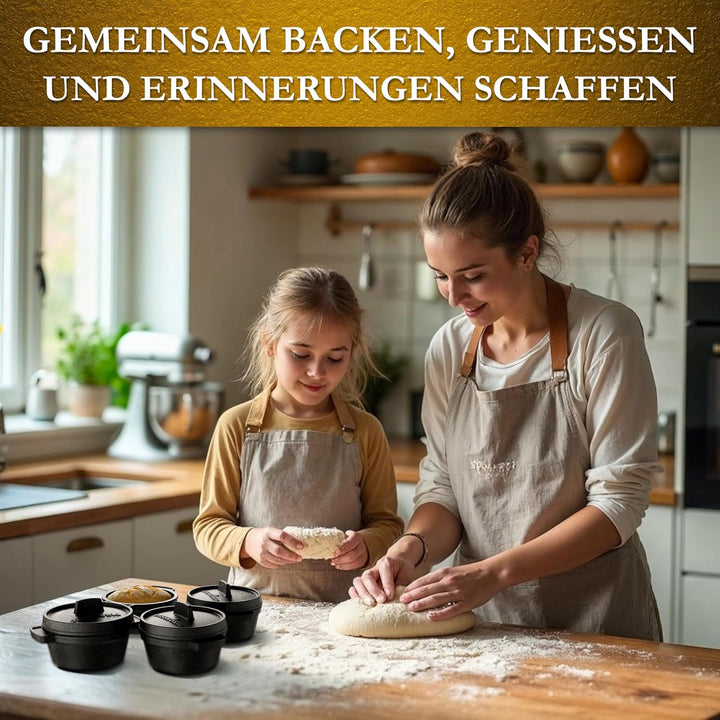 Mini Gusseisen Brotbackform Set–4x 300 ml Brotbacktopf mit Deckel–eingebrannte Mini Dutch Oven zum B