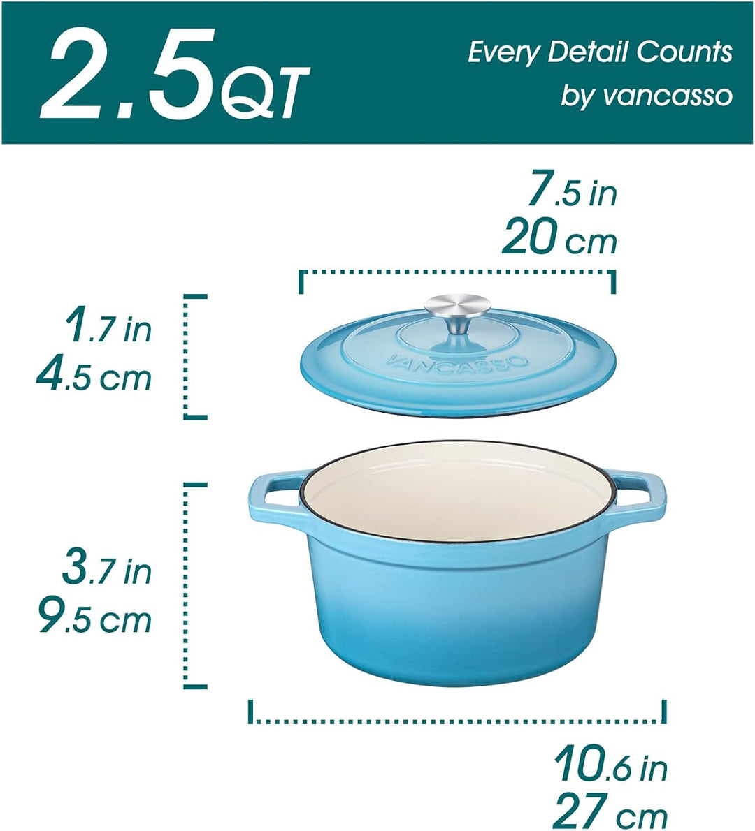 vancasso Gusseisen Topf Brot Backen, 2L /Ø 20cm Schmortopf, Bräter mit Deckel, Klein Emaille Topf Gu