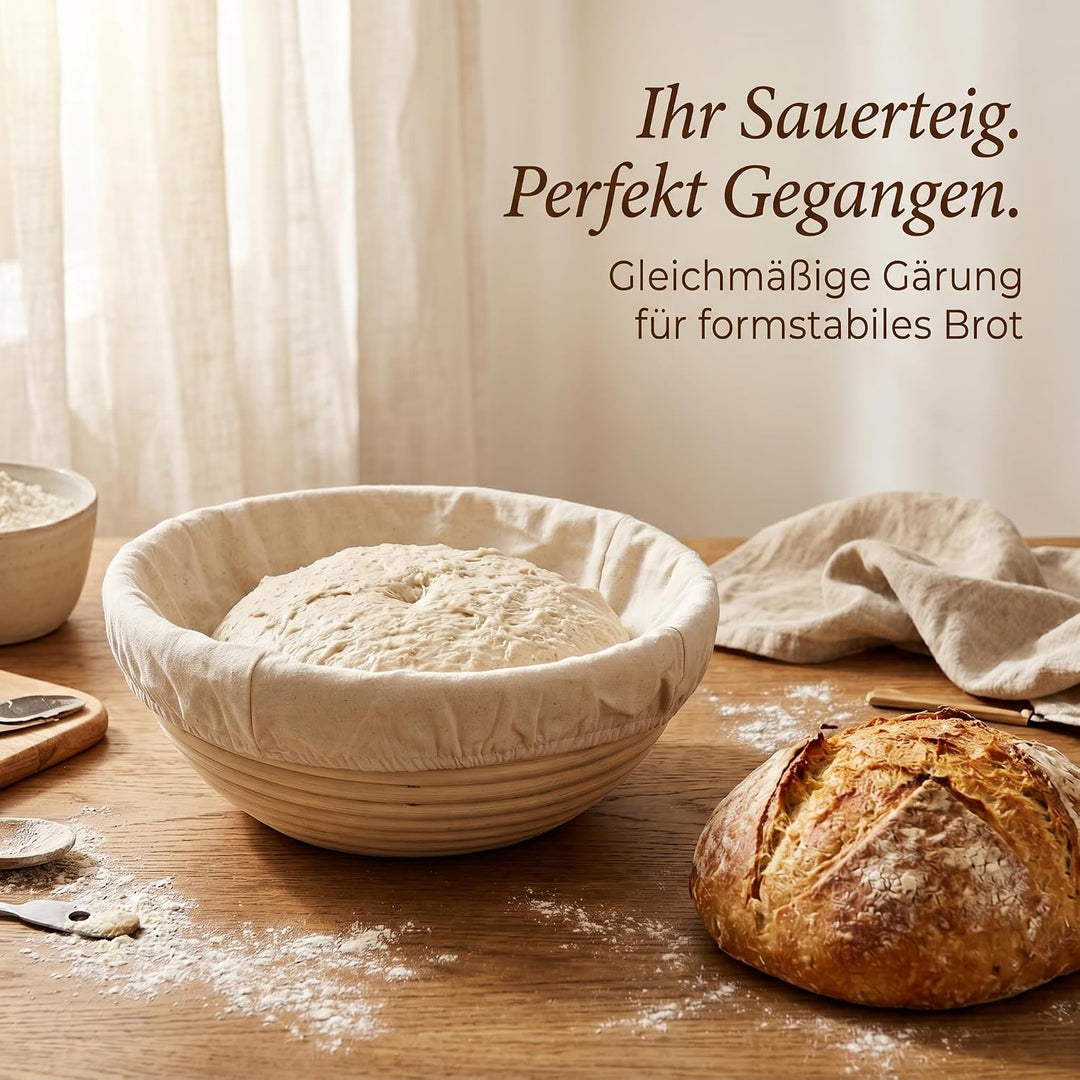 2er-Set Gärkörbchen Rund, 30x8cm &amp; 23x8cm Gärkorb Brot Rattan, Leineneinlage Spiralmuster, Sauerteig