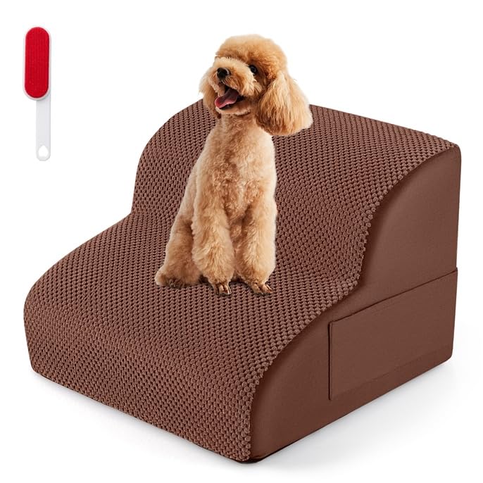 COSTWAY Hundetreppe 2 Stufen, rutschfeste Hundestufe aus Schaumstoff 2-stufen Braun, 2-stufen Braun