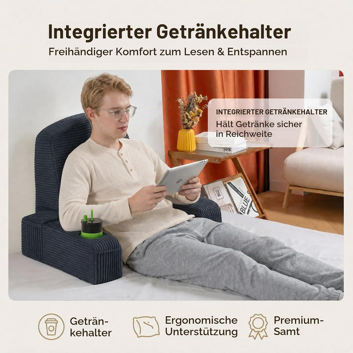 Lesekissen für Erwachsene - Rückenkissen fürs Bett mit abnehmbaren Armlehnen, Getränkehalter &amp; Handy