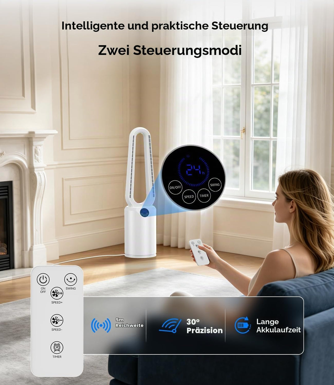 Rotorloser Ventilator Turmventilator ohne Rotorblätter, 24 Geschwindigkeiten, leiser Ventilator mit