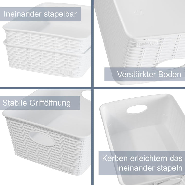 6x Aufbewahrungskorb 12cm WEIss Rattan-Optik 35x28x12cm DINA4 Kunststoff 6 Weiss - Grösse L hoch - D